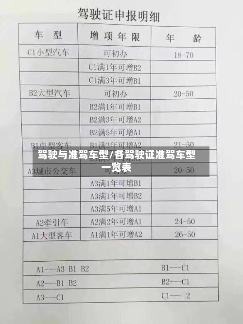 驾驶与准驾车型/各驾驶证准驾车型一览表